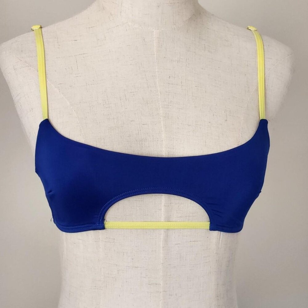 ICON SWIM brand blue and neon yellow cut-out underbust bikini top. Size SMALL.